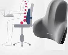 Gray lumbar cushion shown beside an illustration of its position on a chair.