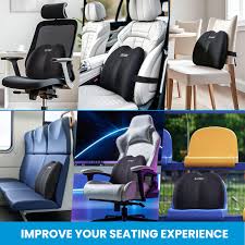 Lumbar support cushions shown on a selection of office and home chairs.