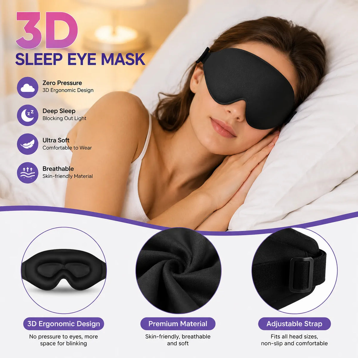 Black contoured sleep mask with close-up views of the eye area, fabric, and adjustment buckle.
