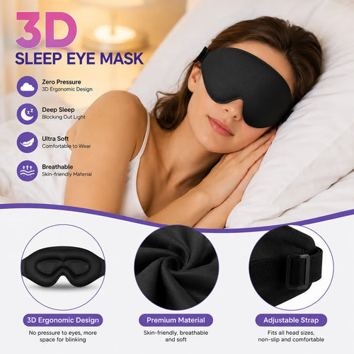 Black contoured sleep mask with close-up views of the eye area, fabric, and adjustment buckle.